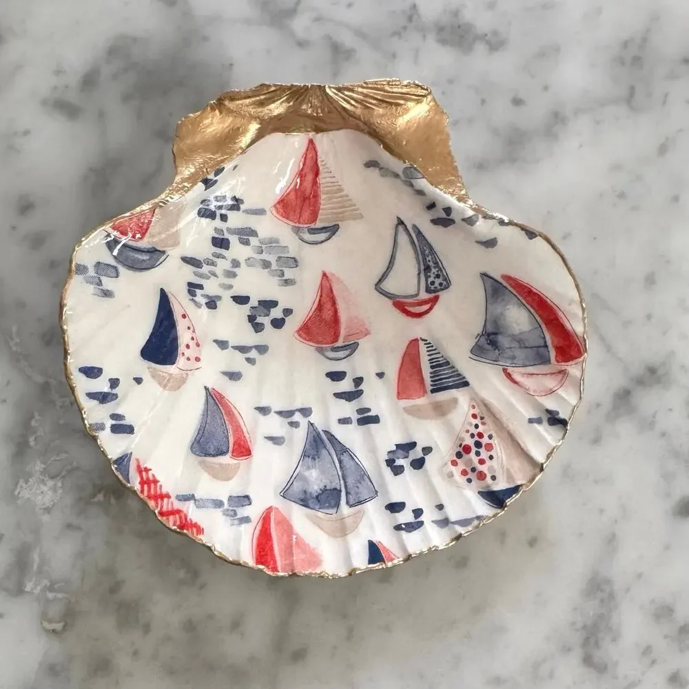 Sailboat Shell Trinket Dish, Nautical Ring Holder, Beach Decor